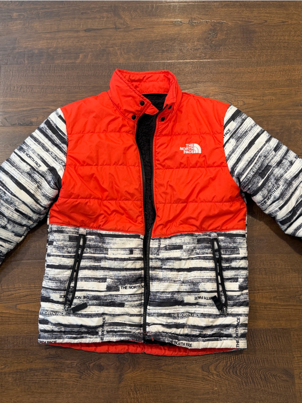 The North Face Red & Black/White Striped Insulated Jacket size 7/8